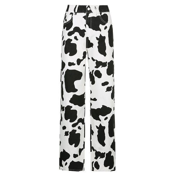 Pantalones Rectos con Patrón de Vaca en Contraste Blanco y Negro