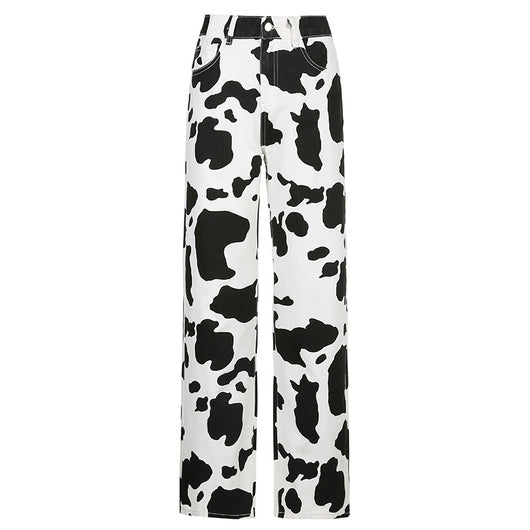 Pantalones Rectos con Patrón de Vaca en Contraste Blanco y Negro