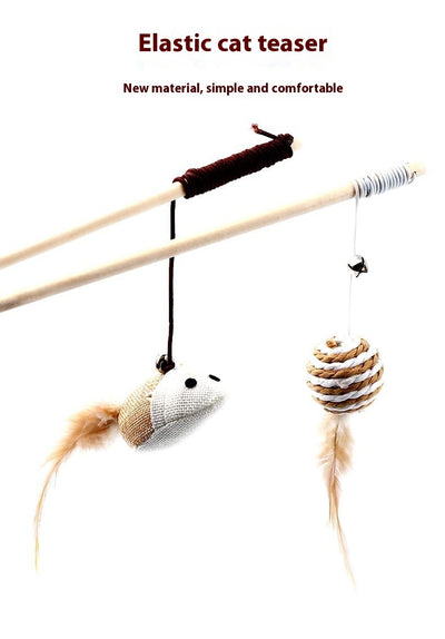 Cat teaser toy with a long wooden pole, a striped ball, brown feathers, and a small bell. - Image 16