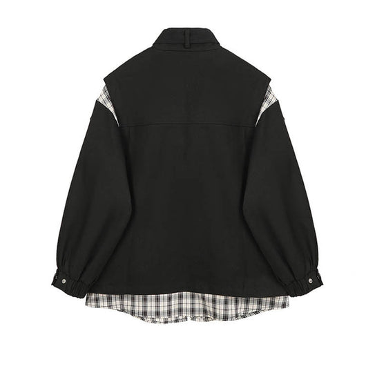 Chaqueta Denim Cuadriculada con Costuras de Contraste y Efecto Dos Piezas para Mujer - Image 6