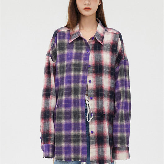 Camisa Cuadriculada Desgarrada con Paneles en Dos Tonos para Mujer - Image 13