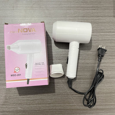 Light blue foldable hair dryer with a cartoon pig design, white power switch, and hanging loop. - Image 9