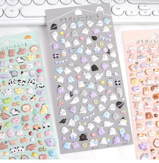 Six sheets of cartoon animal foam particle stickers in various colors and themes, including clouds, food, ghosts, forest animals, and penguins. - Image 8