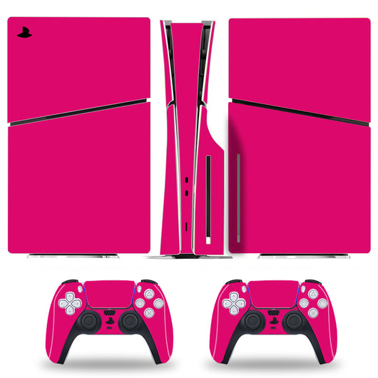 Red carbon fiber pattern skin set for Sony PS5 Slim console and two DualSense controllers, shown applied. - Image 11