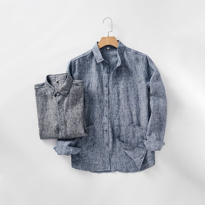 Camisa de Lino Suelta con Cuello Polo Manga Larga para Hombre