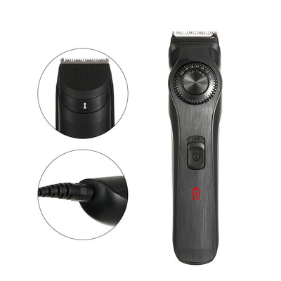 Black adjustable electric hair clipper with two guide combs, USB cable, oil, and cleaning brush, shown with its retail box. - Image 3