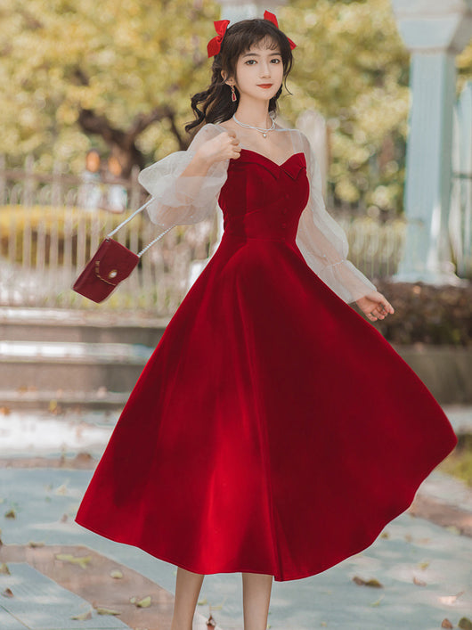 Vestido de Terciopelo Rojo Manga Larga para Compromisos y Eventos - Image 7