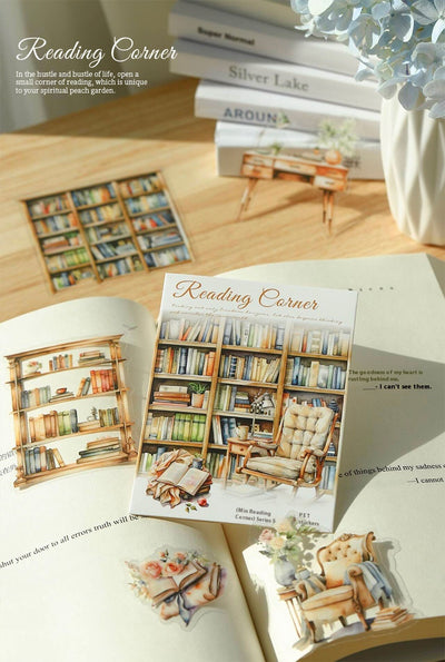 Set of 20 PET stickers featuring watercolor illustrations of cozy reading nooks, bookshelves, books, and related items. - Image 14