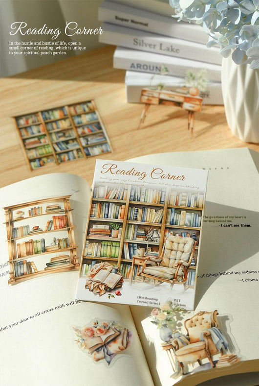 Set of 20 PET stickers featuring watercolor illustrations of cozy reading nooks, bookshelves, books, and related items. - Image 14