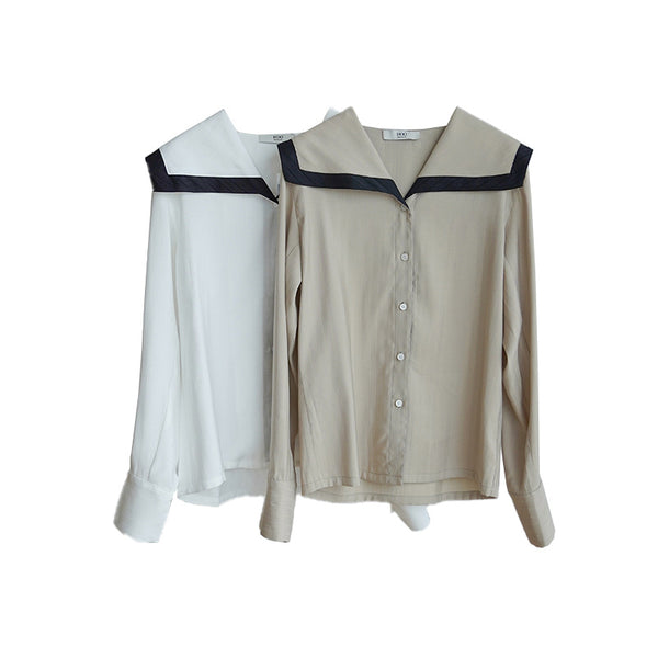 Camisa Minimalista de Cuello Solapa Contraste Azul Marino - Efecto Rejuvenecedor