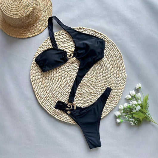 Black one-piece swimsuit with asymmetrical cutout design and gold-toned ring details, featuring a high-cut bottom. - Image 3