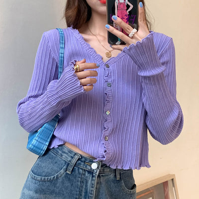 Cardigan de Protección Solar Primavera-Otoño con Textura de Oreja de Madera para Mujer
