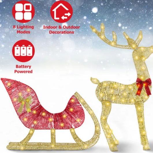 Trineo Navideño Iluminado con Reno - Decoración Interior y Exterior con 8 Modos de Luz