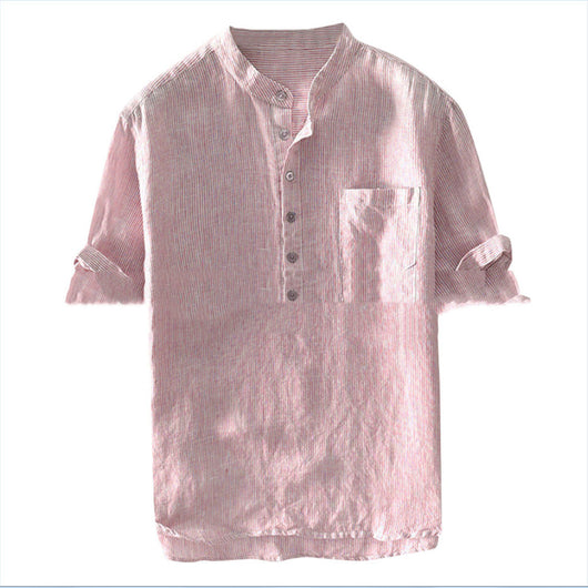 Camisa Casual de Hombre con Cuello Alzado y Rayas Lavadas - Image 8