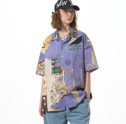 Camisa Suelta Casual Azul y Púrpura - Tendencia Crucero Versátil