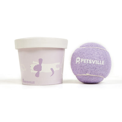 Beige Petsville tennis ball for dogs in a light yellow cylindrical container with a playful dog illustration. - Image 5