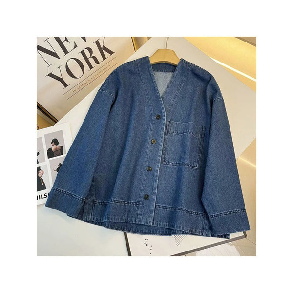 Camisa Azul Escote V Hombros Caídos Versátil