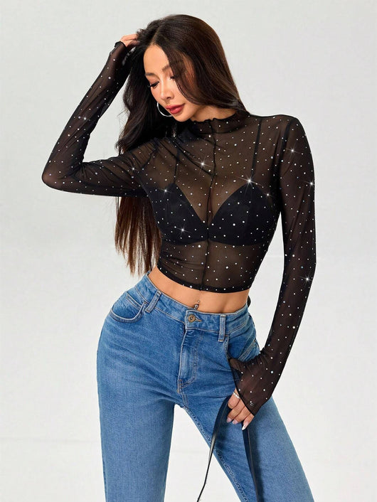 Blusa Transparente con Cuello Alto, Manga Larga y Lentejuelas Brillantes - Image 10