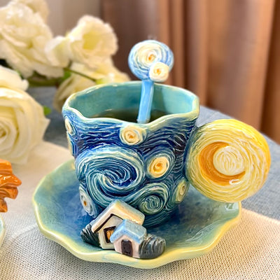 Taza de Cerámica Inspirada en Van Gogh Noche Estrellada con Plato