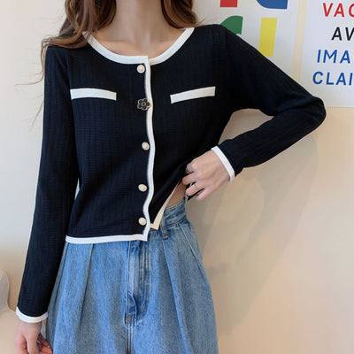 Cardigan Tejido Contraste Suelta Abotonado Simple Versátil - Image 3