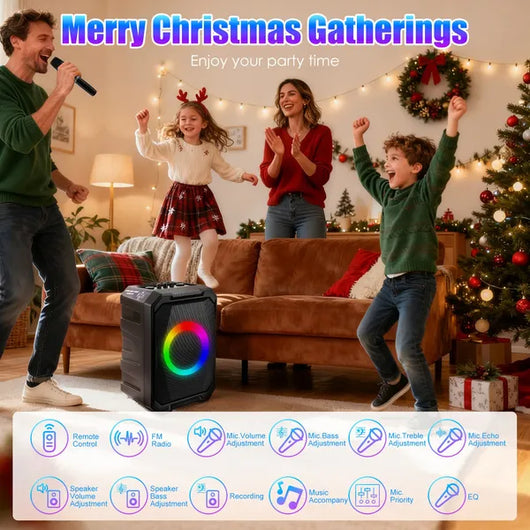 Parlante Portátil Inalámbrico para Fiestas con Luces LED, 2 Micrófonos y Control Remoto - Image 10