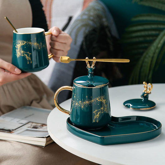 Taza de Pareja Grande con Tapa y Cuchara - Diseño Creativo para Café