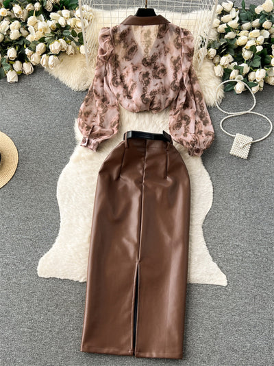 Conjunto Elegante: Blusa de Gasa Floral con Cuello Sastre y Falda Ajustada de Cuero PU - Image 5