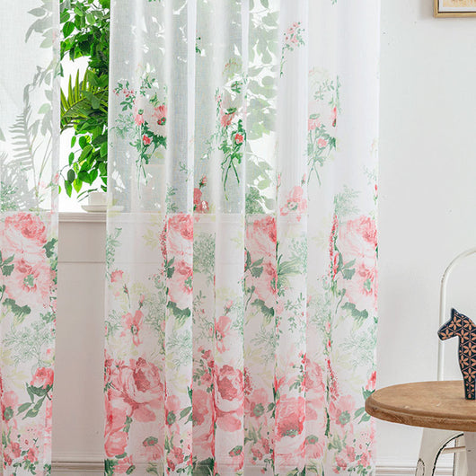 Sheer white mesh curtains with purple and light blue floral patterns, hung on a black rod in a bright room. - Image 2