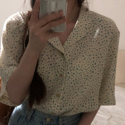 Blusa Floral Retro Elegante de Manga Corta para Mujer