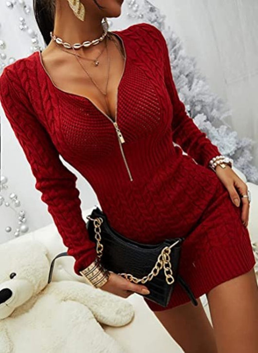 Suéter Vestido Ajustado Cuello V Mujer - Tejido Liso con Opción Cremallera - Image 24