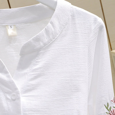 Blusa de Algodón con Escote V y Bordado Plisado Manga Larga - Image 24