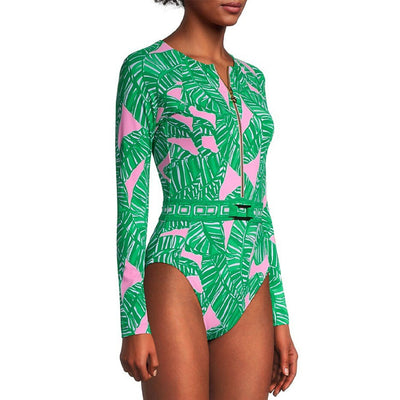 Green and pink tropical leaf print maxi skirt with tiered ruffles and an elastic waistband. - Image 18