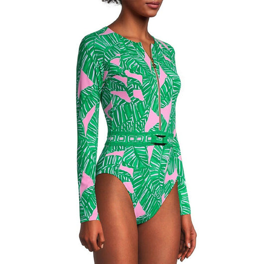 Green and pink tropical leaf print maxi skirt with tiered ruffles and an elastic waistband. - Image 18