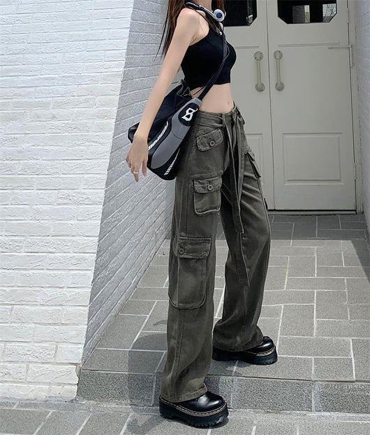 Pantalones Cargo Sueltos Vintage Americano con Múltiples Bolsillos y Detalles Desgastados - Image 28