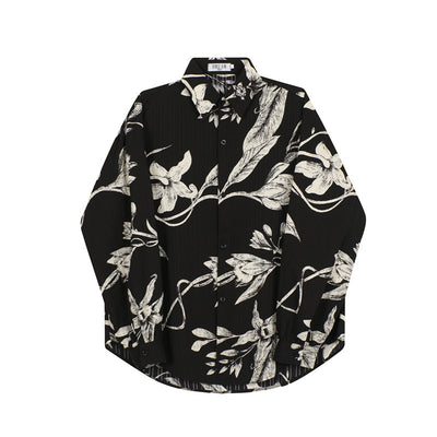 Camisa Negra Hombre Manga Larga Suelta Estampado Floral - Image 9