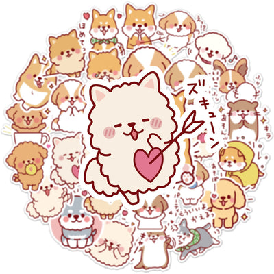 50 cute dog graffiti stickers featuring various cartoon dog breeds like Shiba Inu, Pomeranian, and Corgi. - Image 9