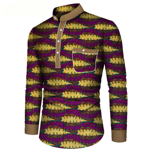 Camisa Casual de Manga Larga Estampada Africana para Hombre