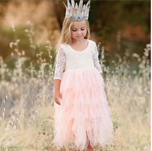 Vestido Princesa Niña Encaje Manga Larga Blanco Irregular Otoño Invierno - Image 4