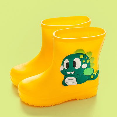 Bright yellow children's rain boots with a green cartoon dinosaur appliqué, designed for waterproof outdoor play. - Image 6