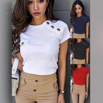 Blusa Casual de Botones Cuello Redondo Manga Corta