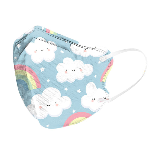 Children's disposable face mask with a colorful rainbow, butterfly, and cloud pattern, shown in a pack of 10.