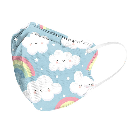 Children's disposable face mask with a colorful rainbow, butterfly, and cloud pattern, shown in a pack of 10.