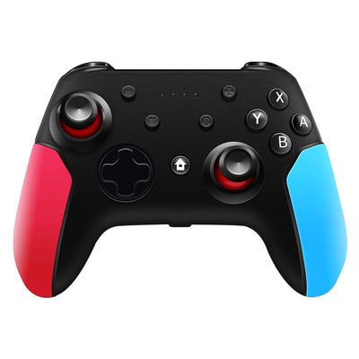 Black wireless gamepad with blue left grip and red right grip, featuring dual analog sticks and face buttons. - Image 12