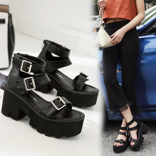 Sandalias de Tacón Alto con Plataforma Gruesa y Hebilla Ajustable - Estilo Europeo