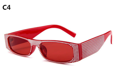 Yellow rectangular sunglasses with clear rhinestone-studded frames and matching yellow lenses. - Image 6