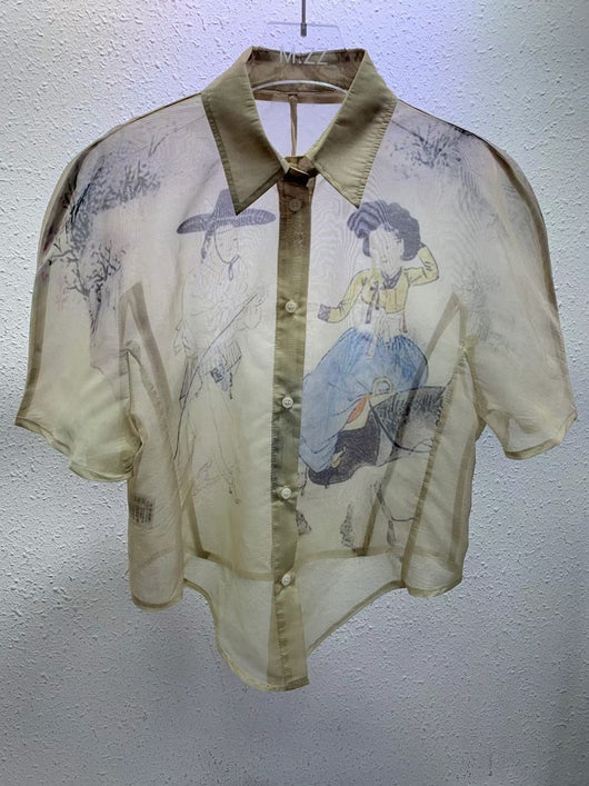 Conjunto Artesanal Dos Piezas: Blusa Chifón Pintada a Mano con Falda Suspender Cintura Alta - Image 4
