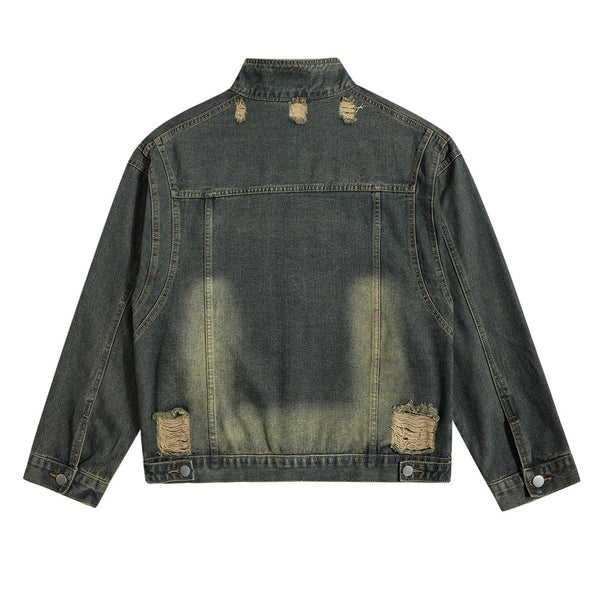 Chaqueta Denim con Cuello Alto y Detalles Rotos