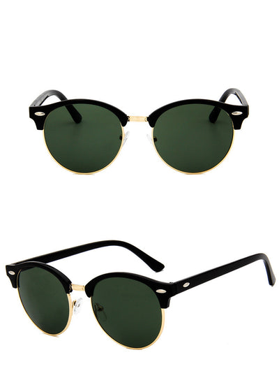 Retro clubmaster sunglasses with black frames, dark lenses, and gold-tone metal accents, shown from multiple angles. - Image 6