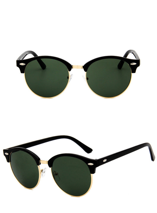Retro clubmaster sunglasses with black frames, dark lenses, and gold-tone metal accents, shown from multiple angles. - Image 6