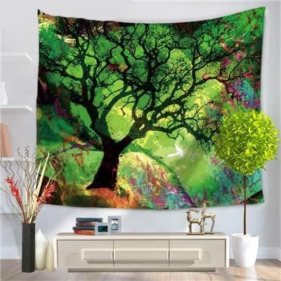 Digital printed tapestry featuring a vibrant green tree with abstract colorful accents, hanging on a wall. - Image 2